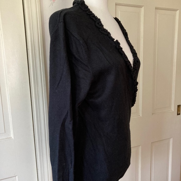 Silk Cashmere Ruffled V Neck with Flower Accent - Picture 4 of 9